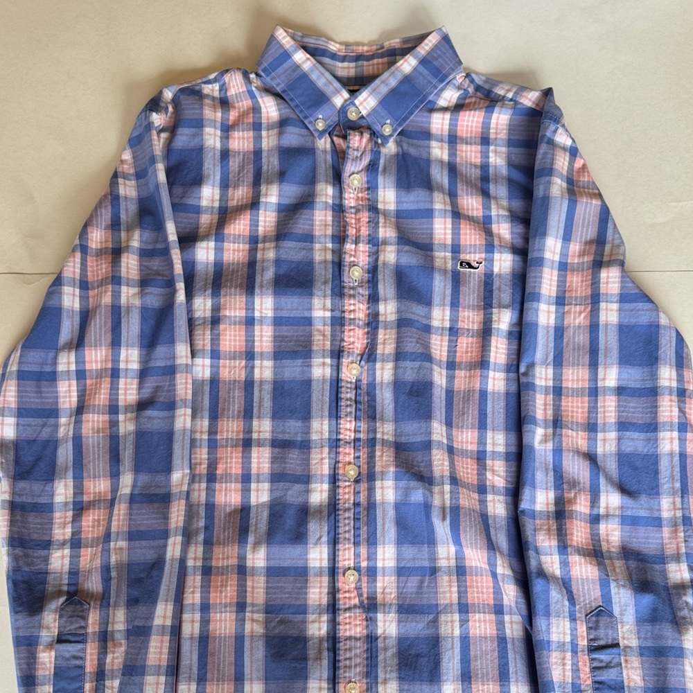 Vineyard Vines Mens Blue and Orange Plaid Button Down Shirt